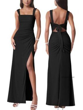 Polyester Sleeveless Square Neck Ruched Backless Maxi Dress